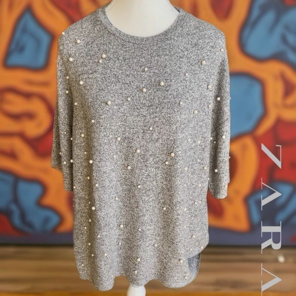 Zara Heather Gray Pearl Studded Short Sleeve Sweater - Picture 2 of 9